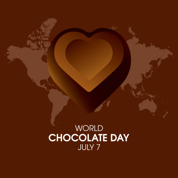 World Chocolate Day vector Milk heart shape chocolate icon vector. Chocolate praline and world map on a brown background. Chocolate Day Poster, July 7. Important day spices of the world stock illustrations