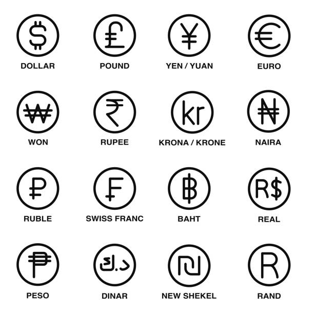 World currencies sign set vector icons Vector flat and simple style illustration set of black world currencies signs isolated on white background. (Including yen sign and rupee sign) global currency stock illustrations