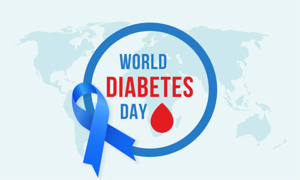 World diabetes day awareness poster blue ribbon symbol with circle ring and blood drip logo badge design on world map background vector illustration World diabetes day awareness poster blue ribbon symbol with circle ring and blood drip logo badge design on world map background vector illustration diabetes awareness month stock illustrations