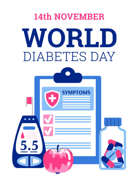 World diabetes day concept a vector flat illustration. World diabetes day concept. Checking sugar level in blood, control insulin, awareness for diet, lifestyle and therapy for diabetic. Vector flat illustration. diabetes awareness month stock illustrations