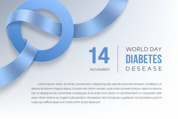 World diabetes day horizontal banner World diabetes day 14th November. Poster with photorealistic ribbon and Blue Circle symbol of Diabetes day on a blue background. Place for text. diabetes awareness month stock illustrations