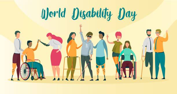 World Disability Day Banner, Handicapped People. World Disability Day Banner or Card Flat Cartoon Vector Illustration. Invalid People, Blind Boy with Stick, Man and Woman on Wheelchairs, Prosthetic Hands and Legs. Person on Crutches. physical disability stock illustrations