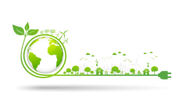 세계 환경 및 지속 가능한 개발 개념, 벡터 일러스트 레이 션 - 전기 연료 및 전력 생산 일러스트 stock illustrations