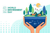 istock world environment day - hand hold care the environment on earth consists of water, tree, mountains and animals vector design 1385921611