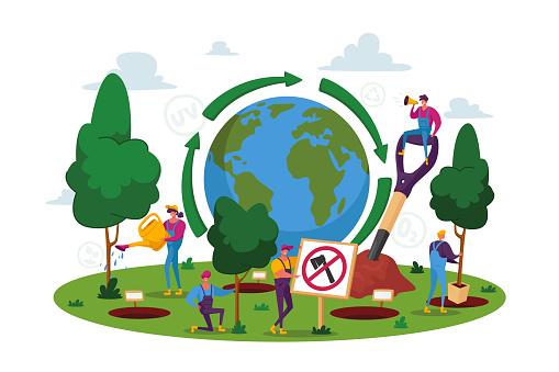 World Environment Day, Reforestation, Characters Planting Seedlings and Growing Trees into Soil Working in Garden, Save World, Earth Day, Nature and Ecology Concept. Cartoon People Vector Illustration