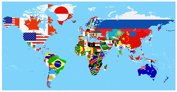 Karta Över Världen Och Flagga Med En Blå Bakgrund Vektorgrafik Och Fler