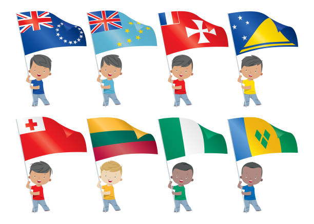 мировые флаги и дети - cook islands stock illustrations