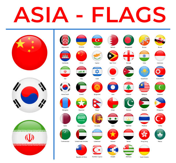мировые флаги - азия - вектор круглый круг глянцевые иконы - north korea stock illustrations
