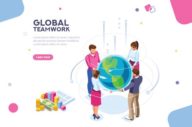 World Flat Isometric Vector Search idea, new meeting profit, worker partner, staff strategy. Businesswoman presentation. Confident company investor corporate global colleague standing. World of flat isometric vector illustration global business stock illustrations