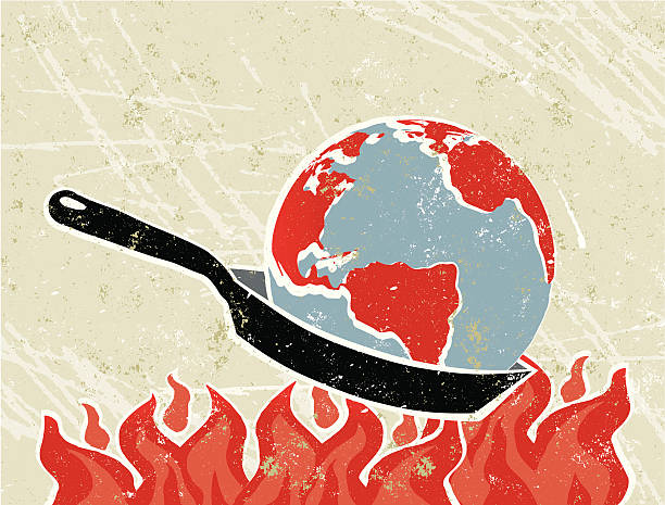 World Globe in a Frying Pan with Flames Global Warming! A stylized vector cartoon of a The earth in a frying pan, reminiscent of an old screen print poster and suggesting fragility, saving the earth,, Earth Day, world hunger, world food industry, global cuisine, environment, environmental concerns or global warming. World, Pan, flames, paper texture, and background are on different layers for easy editing. Please note: clipping paths have been used, an eps version is included without the path. climate change stock illustrations
