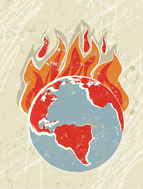 World Globe with Flames, Global Warming vector art illustration