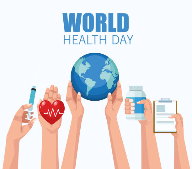 world health day lettering with hands lifting medical icons vector art illustration