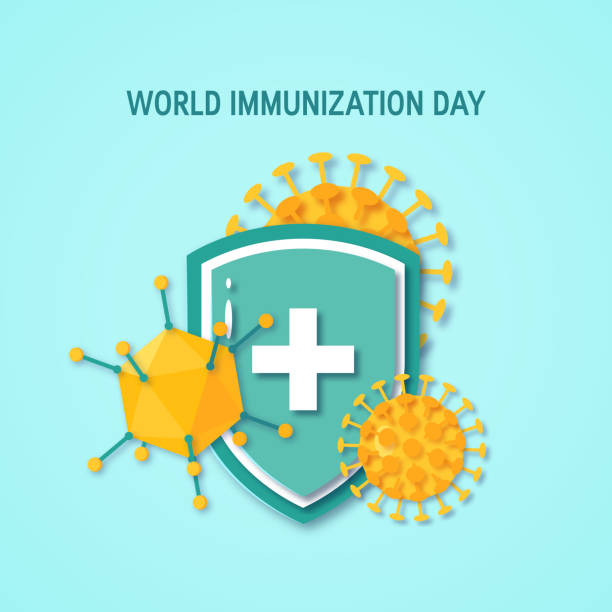 World immunization day concept, vector flat style World immunization day poster. Medical shield surrounded by viruses and bacterium. Vector illustration on turquoise background in paper cut style immunology stock illustrations