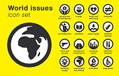 World issues icons set. Includes hunger, poverty, crime, unemployment, education, environment, economic, etc. Sustainability problems. Vector illustration.