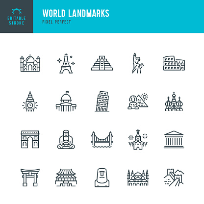 World Landmarks - thin line vector icon set. 20 linear icon. Pixel perfect. Editable outline stroke. The set contains icons: Eiffel Tower, Giza Pyramids, Statue of Liberty, St. Basil's Cathedral, Big Ben, Taj Mahal, Great Wall Of China, Torii Gate, Moai Statue, Acropolis, Maya pyramids.
