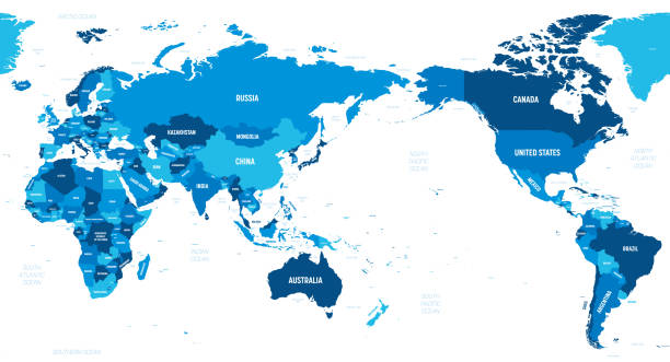 세계지도 - 아시아, 호주, 태평양 중심. 어두운 배경에 녹색 색조가 지정되었습니다. 국가, 자본, 바다 및 바다 이름 라벨과 세계의 높은 상세한 정치지도 - 태평양 stock illustrations