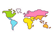 Simplified world map infographic with continents in different color. Modern flat vector style illustration.