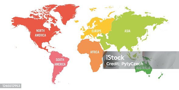 istock World map divided into six continents. Each continent in different color. Simple flat vector illustration 1265512953