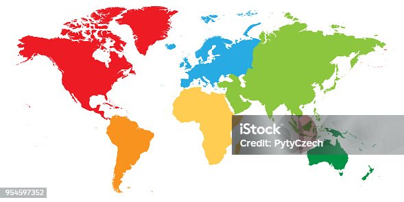 istock World map divided into six continents. Each continent in different color. Simple flat vector illustration 954597352