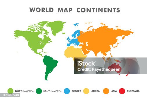 istock World map divided into six continents in different color. 1198451944