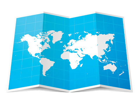World Map folded, isolated on white Background