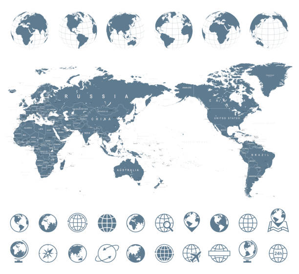 ilustrações de stock, clip art, desenhos animados e ícones de world map gray - asia in center - medial object