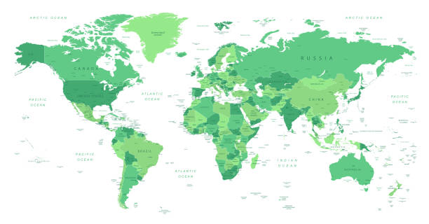世界地圖。高度詳細的世界地圖，以綠色繪製出所有城市、首都和地區的詳細邊界。 - 國境 插圖 幅插畫檔、美工圖案、卡通及圖標