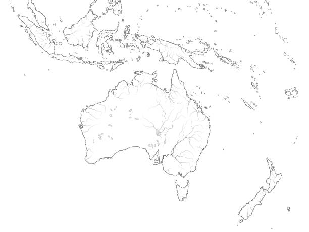 오스트레일리아, 뉴기니, 뉴질랜드, 오세아니아, 인도네시아, 폴리네시아, 태평양의 세계지도. 해안선, 군도, 산호초 와 바다, 섬과 섬과 지리적 차트. - great barrier reef stock illustrations