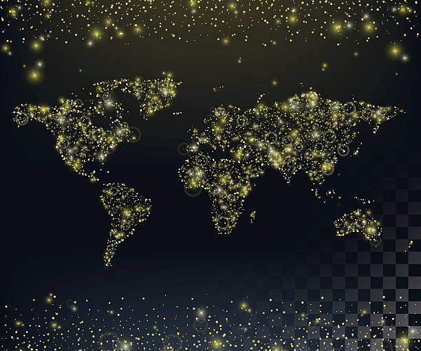 World map of twinkling lights. Background with Gold glitter texture. vector art illustration