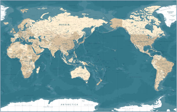 세계지도 - 태평양보기 - 아시아 중국 센터 - 정치 지형 - 벡터 상세한 그림 - 태평양 stock illustrations