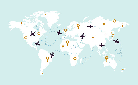 World map plane tracks. Aviation track path on world map, airplane route line and travel routes or itinerary pathway. Aircraft planes fly air transportation track vector illustration
