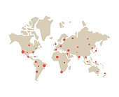 Vector illustration of a minimalist world map with red dots all over. Cut out design element on a white background.