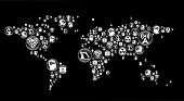 World Map Robots and Robotics Black Vector Button Pattern. This black round button pattern is 100% vector based and fills in the shape on dark background. The buttons vary in size and form an interesting composition. Each button can also be used independently. The icons inside the buttons are white in color and include classic robotics imagery such as robots, robotic arm, futuristic vehicles and new energy.