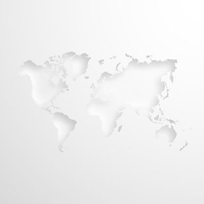 World map with embossed paper effect on blank background