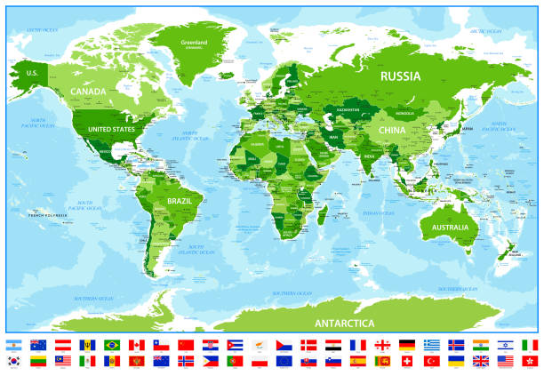 stockillustraties, clipart, cartoons en iconen met wereld kaart met de meest populaire vlaggen, nationale grenzen en oceanen - russia usa ukraine