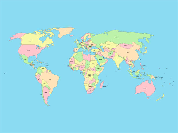 World map with names of sovereign countries and larger dependent territories. Simplified vector map in four colors on blue background World map with names of sovereign countries and larger dependent territories. Simplified vector map in four colors on blue background. labeling illustrations stock illustrations