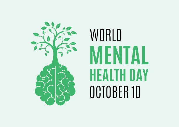 World Mental Health Day Poster with human brain with a tree icon vector Human brain with a tree vector. Mental health icon vector. A green tree growing from human brain vector. Mental Health Day Poster, October 10. Important day mental health awareness stock illustrations