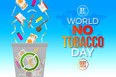 World no tobacco day - concept illustration. 
Cigarettes and other items for smoking are thrown out into the trash can. Vector illustration.
Map reference from The University of Texas at Austin - http://www.lib.utexas.edu/maps/world_maps/time_zones_ref_2005.pdf