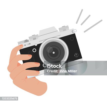 istock World photography day greeting card. Square banner with a hand holding digital camera in retro look. Background with world map. Vector illustration in flat cartoon style. 1333325675
