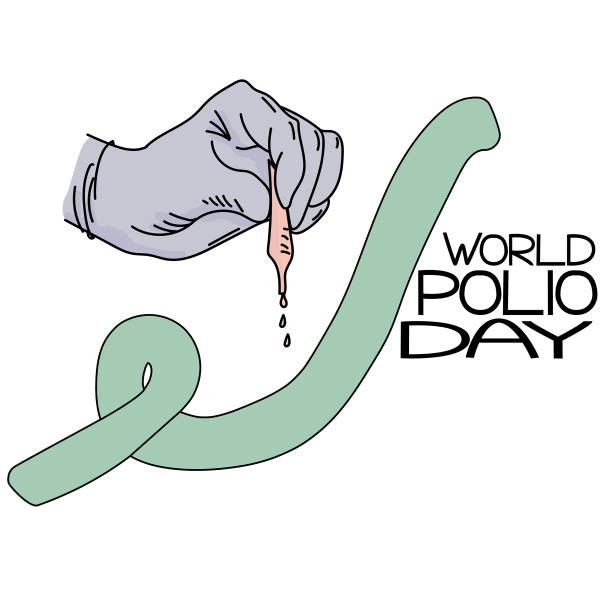 światowy dzień polio, ręka w rękawiczce medycznej z kroplówką szczepionki zakraplacz, zielona wstążka i napis tematyczny - polio stock illustrations