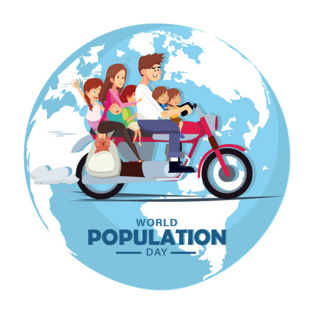 World population day, riding whole family with pet dog on a motorbike, motorcycle around the globe, vector illustration World population day, riding whole family with pet dog on a motorbike, motorcycle around the globe, poster, vector illustration international dog day stock illustrations