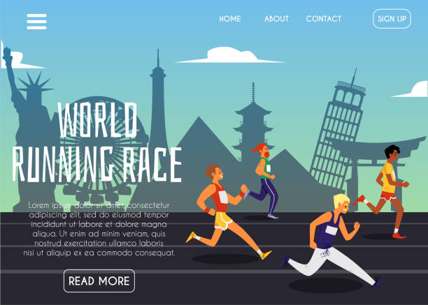 bildbanksillustrationer, clip art samt tecknat material och ikoner med world running race webbplats banner med löpare på landmärke bakgrund - building a pyramid