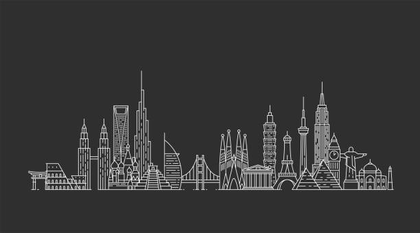 World skyline. Illustations in outline style Travel and tourism background. Famous buildings and monuments. architecture silhouettes stock illustrations