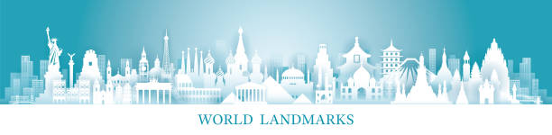 kağıt kesme stilinde dünya skyline simgeleri - seyahat noktaları illüstrasyonları stock illustrations
