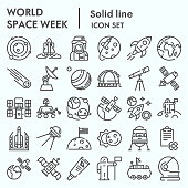 World space week line icon set, outer space set symbols collection, vector sketches, logo illustrations, web signs outline pictograms package isolated on white background, eps 10