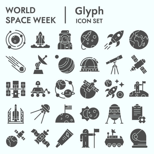 World space week solid icon set, outer space set symbols collection, vector sketches, logo illustrations, web signs glyph pictograms package isolated on white background, eps 10. World space week solid icon set, outer space set symbols collection, vector sketches, logo illustrations, web signs glyph pictograms package isolated on white background, eps 10 outer space symbols stock illustrations