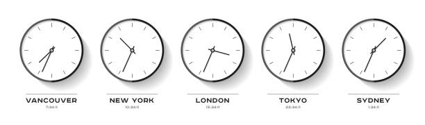 ワールド タイム。フラット スタイルのシンプルな時計のアイコン。バンクーバー、ニューヨーク、ロンドン、東京、シドニー。白地にブラックの腕時計。ビジネス プレゼンテーション用イ� - 時計点のイラスト素材／クリップアート素材／マンガ素材／アイコン素材