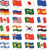 Vector Collection of 24 Top World Countries National Flags, in simulated 3D waving position, with names and grey shadow. Every Flag is isolated on its own layer with proper naming.