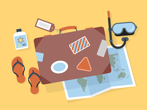 World travel illustration with retro suitcase