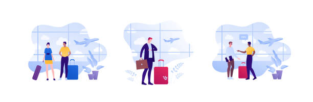 dünya seyahati, uluslararası turizm ve iş konsepti. vektör düz insanlar illüstrasyon seti. havaalanı arka planda bagaj çantası ve evrak çantası ile çok ırklı erkek ve kadın karakter grubu. - business travel stock illustrations